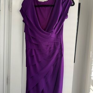 London Times Purple Ruched Midi Dress with Cowl Neck